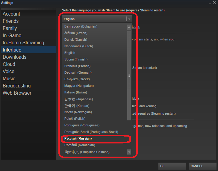 Выбор русского языка в Steam