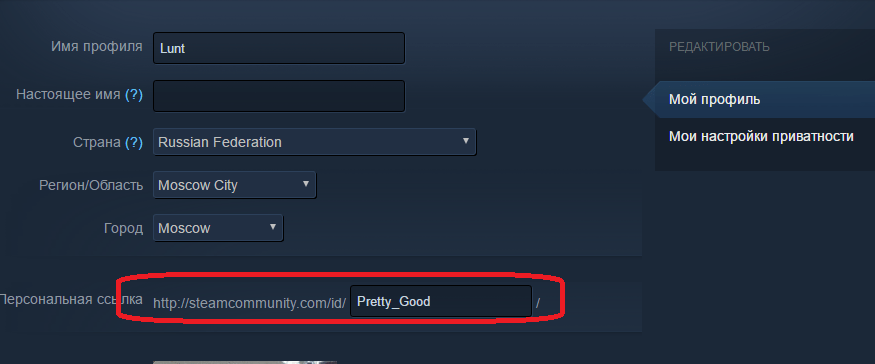 Установка персональной ссылки в профиле Steam