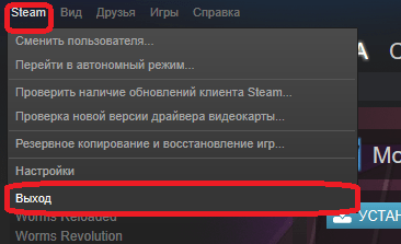 Отключение Steam через меню клиента