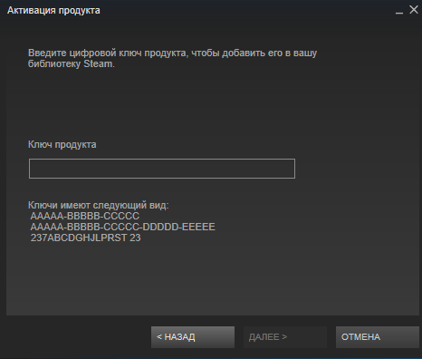 Ввод ключа от игры Steam