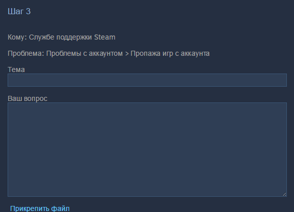 Ввод сообщения для техподдержки Steam