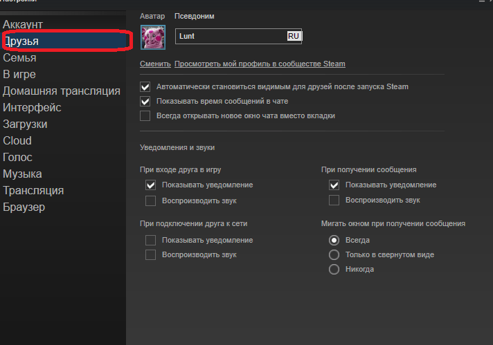 Редактирование настроек уведомлений в Steam