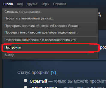 Переход к настройкам клиента Steam