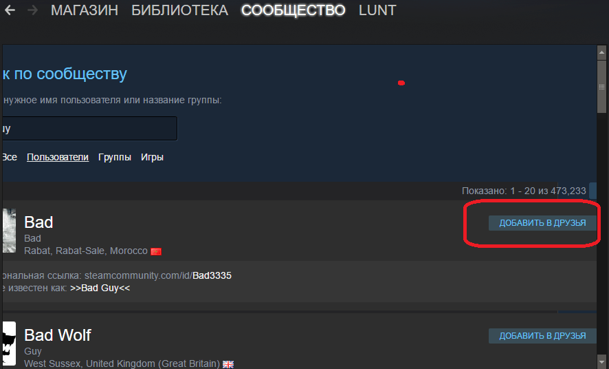 Добавление человека в друзья в Steam