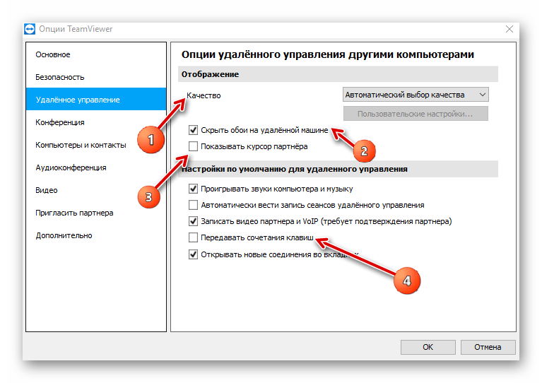 Раздел удаленное управление в настройках TeamViewer