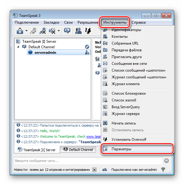 Параметры TeamSpeak