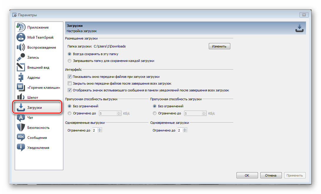 вкладка загрузки TeamSpeak