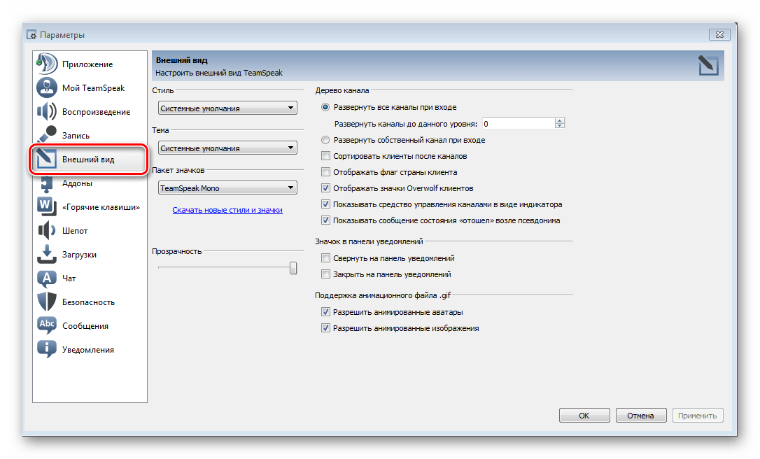 Вкладка внешний вид TeamSpeak