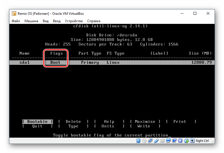Назначенный загрузочным раздел в cfdisk Remix OS в VirtualBox