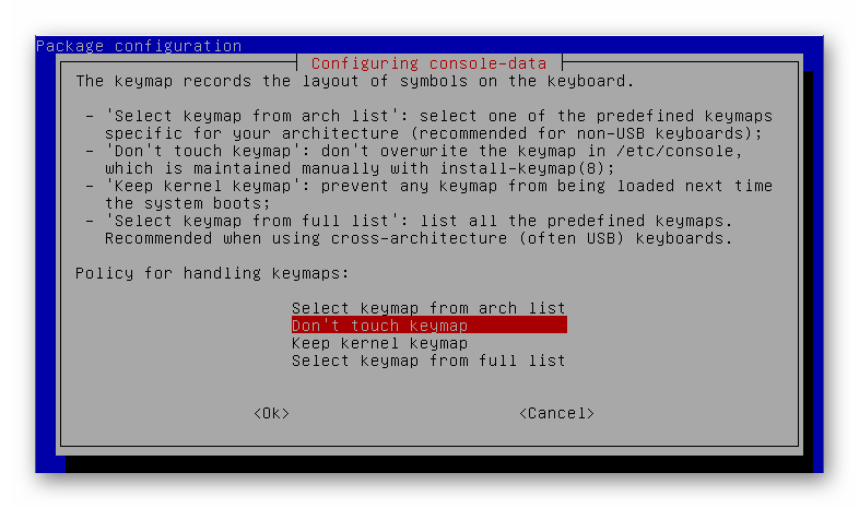 Выбор раскладки клавиатуры в GParted Live в VirtualBox
