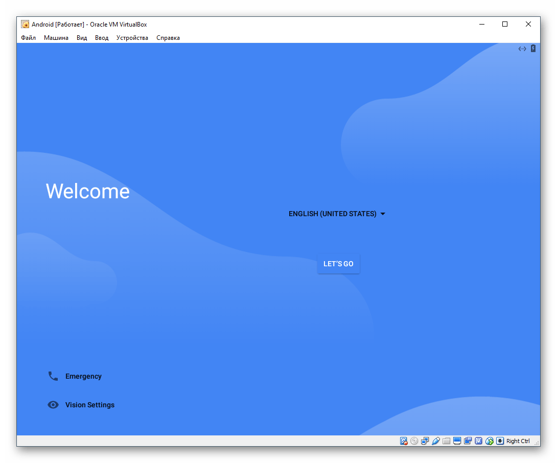 Окно приветствия и выбор языка Android в VirtualBox