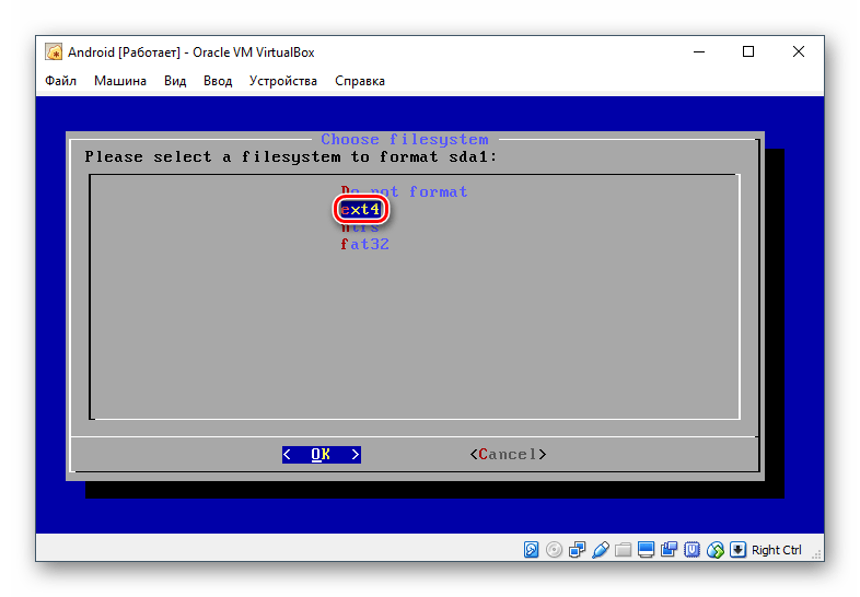 Форматирование выбранного раздела для установки Android в VirtualBox