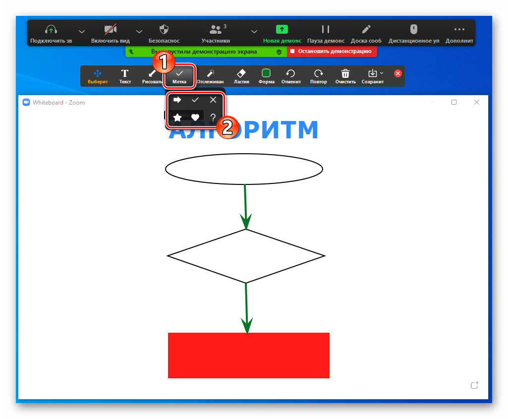 Zoom для Windows инструмент для создания меток на формируемом на Доске сообщений рисунке