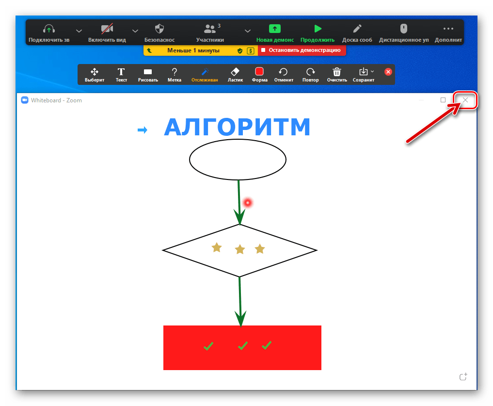 Zoom для Windows закрытие Доски сообщений и прекращение демонстрации процесса рисования в программе