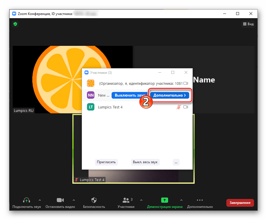 Zoom для Windows кнопка Дополнительно в области с именем пользователя в перечне Участники конференции