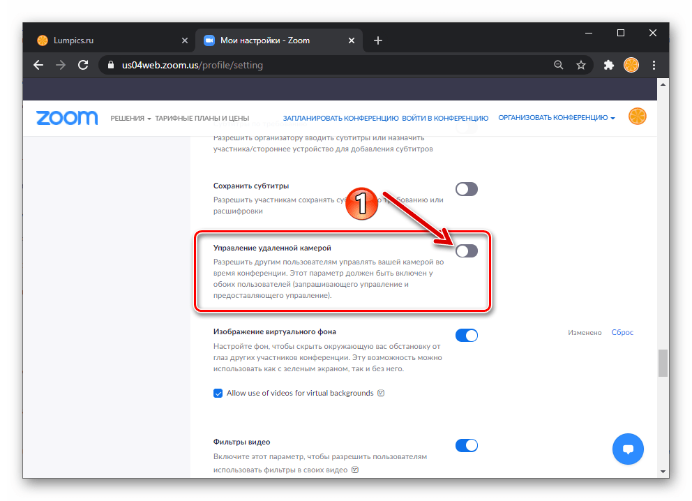Zoom параметр Управление удаленной камерой в настройках профиля пользователя на сайте сервиса