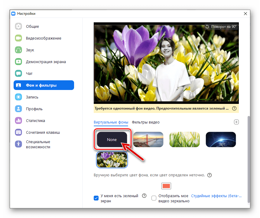 Zoom для Windows отмена установки фона для видео в Настройках программы
