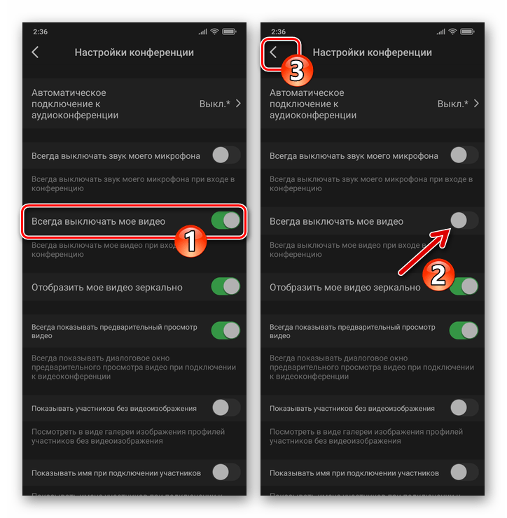 Zoom для смартфона - деактивация опции Всегда выключать мое видео в Настройках приложения