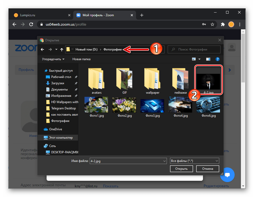 Zoom для выбор устанавливаемого в качестве аватарки в сервисе фото на диске ПК