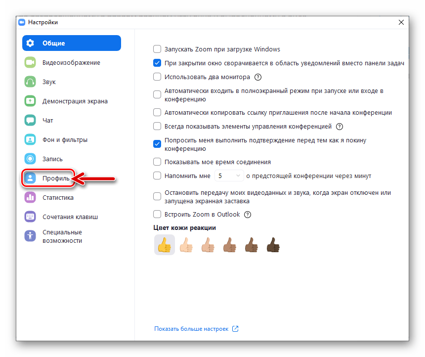 Zoom для Windows раздел Профиль в Настройках программы
