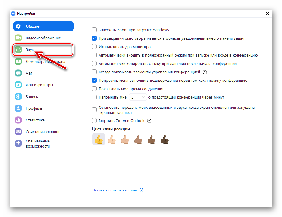 Zoom для Windows раздел Звук в настройках программы