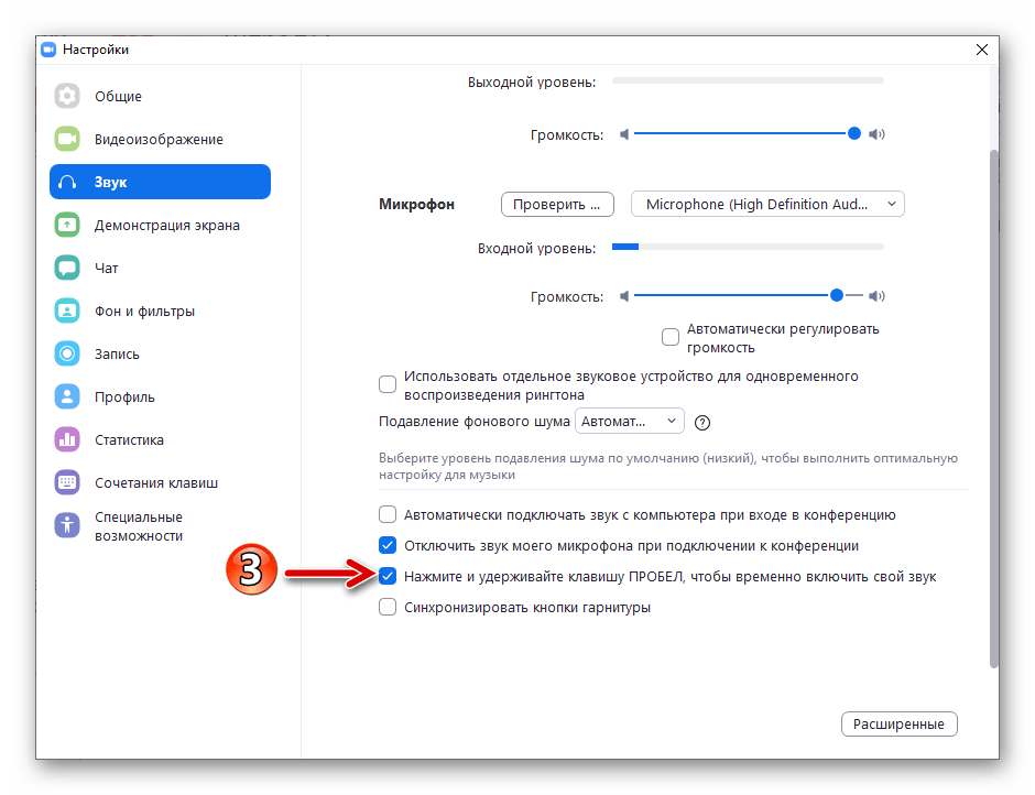 Zoom для Windows включение опции активации микрофона при нажатии на клавишу ПРОБЕЛ