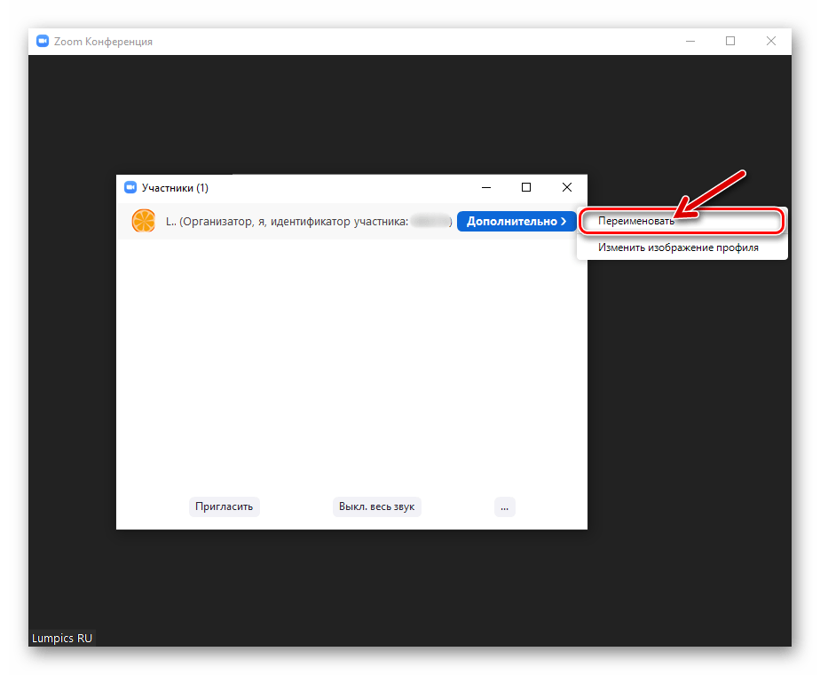 Zoom для Windows пунт Переименовать в меню профиля участника конференции