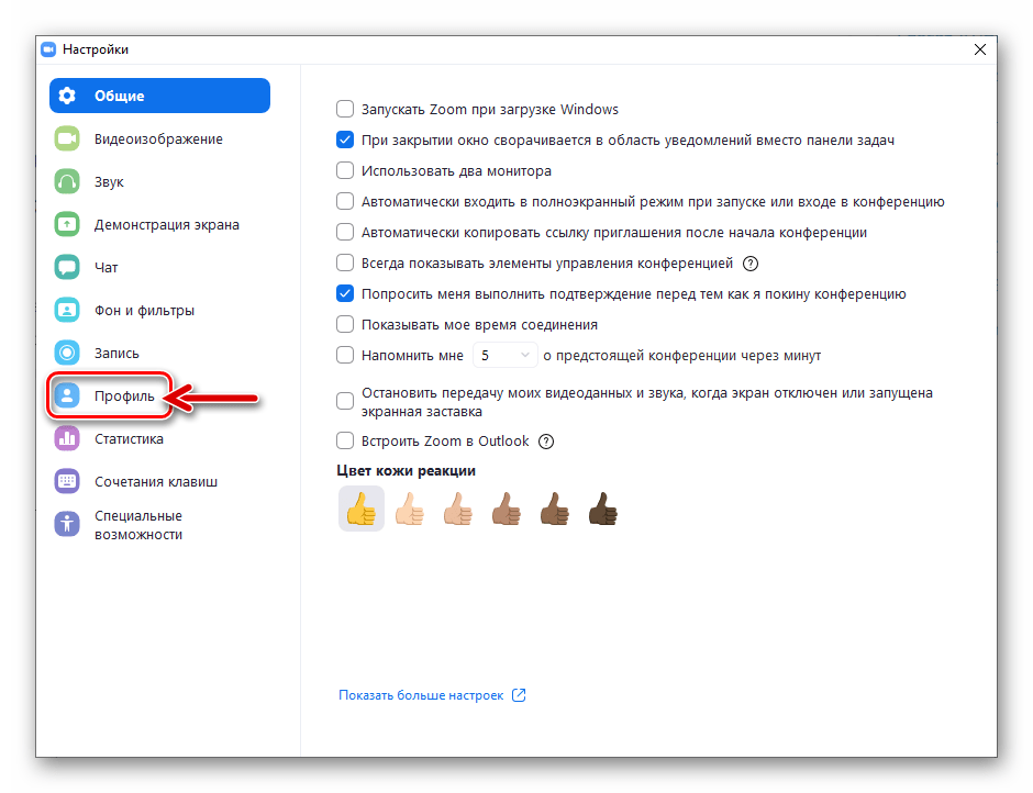 Zoom для Windows Раздел Профиль в Настройках приложения