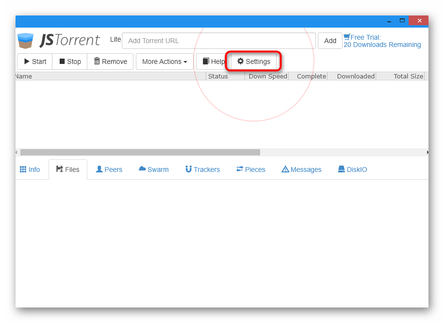 Переход в настройки приложения JSTorrent Lite для скачивания торрент-файла без торрента