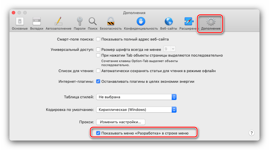 Включить параметры разработчика в Сафари для ручной установки расширений