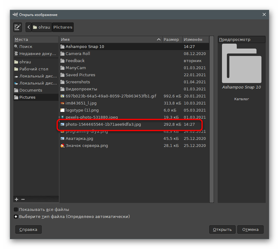 Выбор файла для размытия заднего фона на фото в GIMP