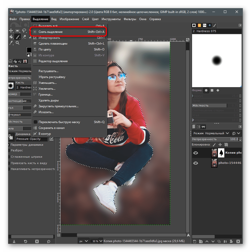 Снятие выделения для размытия заднего фона на фото в GIMP
