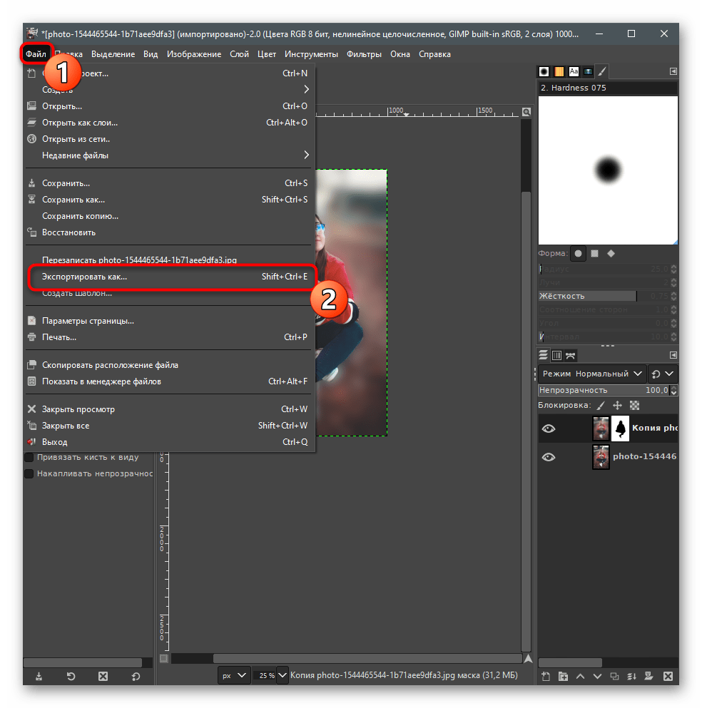 Переход к экспорту проекта для размытия заднего фона на фото в GIMP