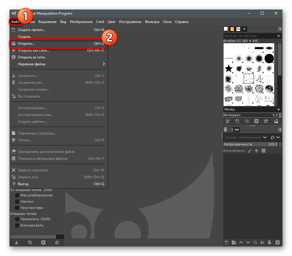 Переход к открытию файла для создания фотографии маленького размера через GIMP