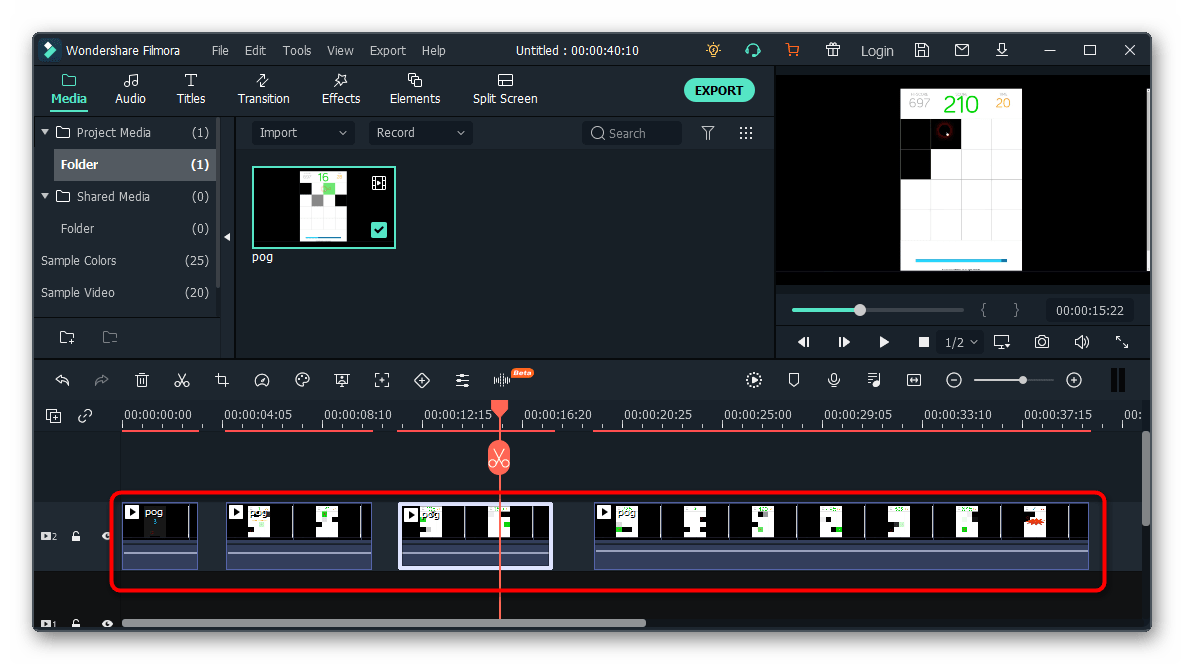 Разделение созданных кадров при нарезке видео на фрагменты в программе Wondershare Filmora