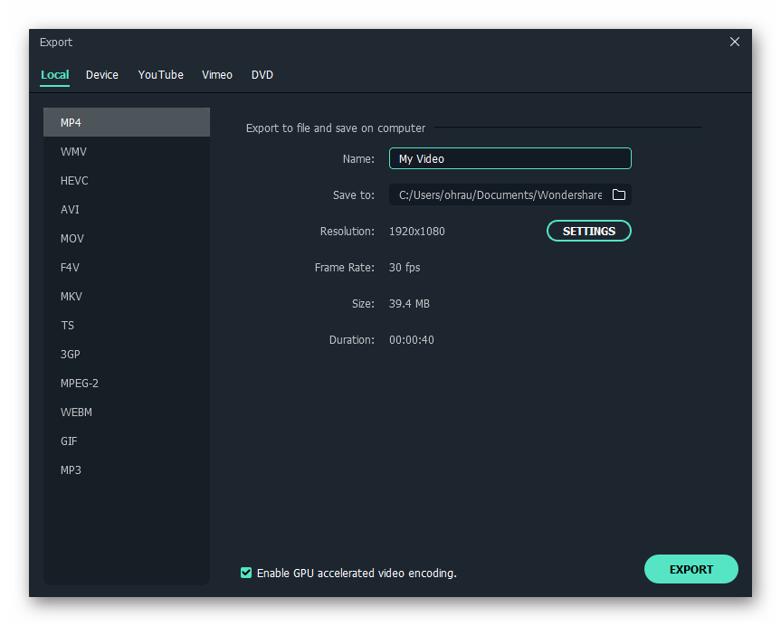 Настройка экспорта проекта при нарезке видео на фрагменты в программе Wondershare Filmora