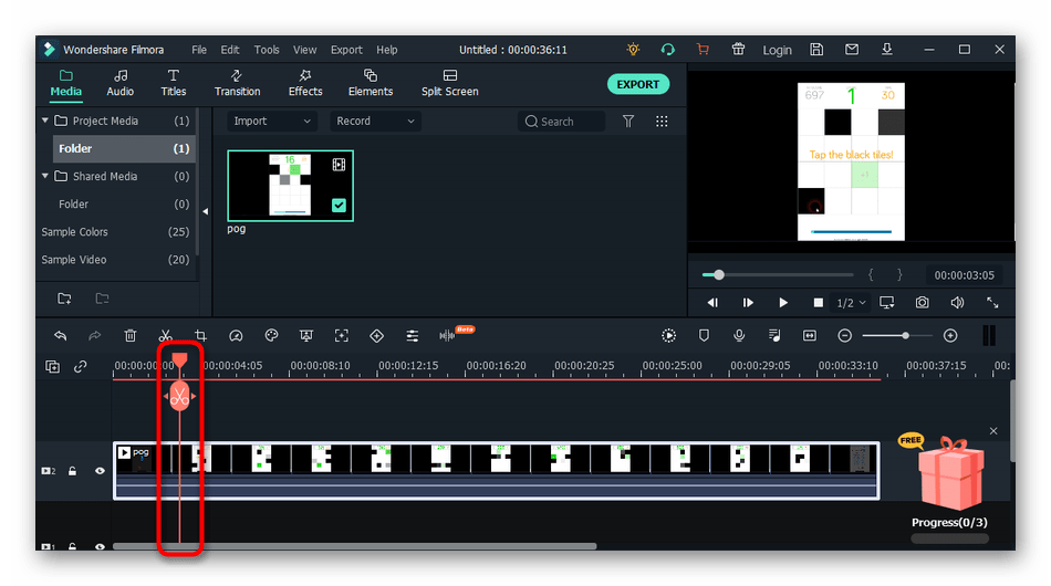 Управление ползунком при нарезке видео на фрагменты в программе Wondershare Filmora