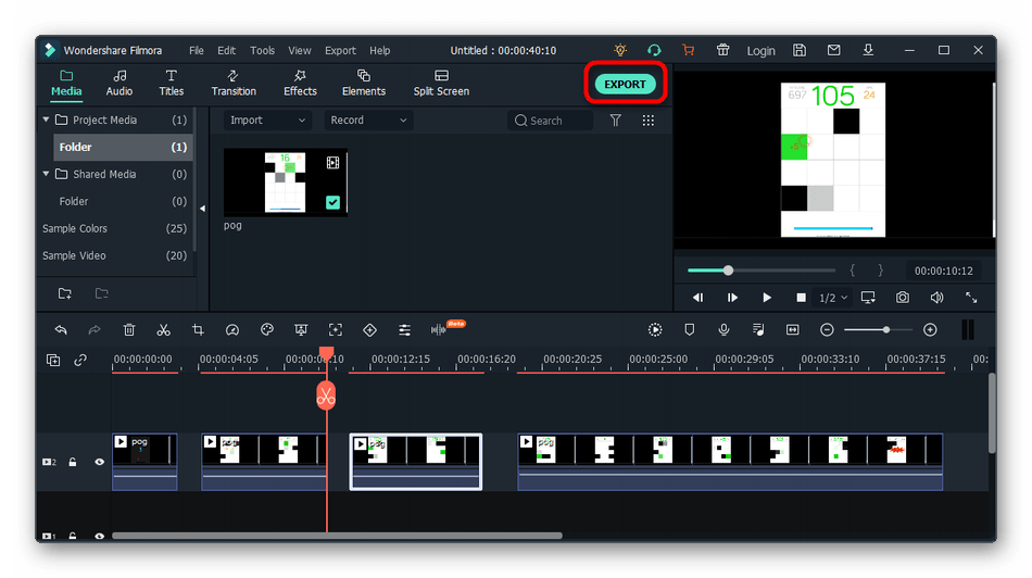 Переход к экспорту проекта при нарезке видео на фрагменты в программе Wondershare Filmora