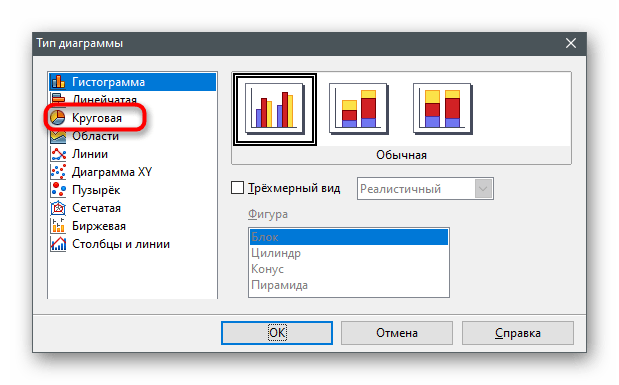 Выбор типа объекта для создания круговой диаграммы в OpenOffice Writer