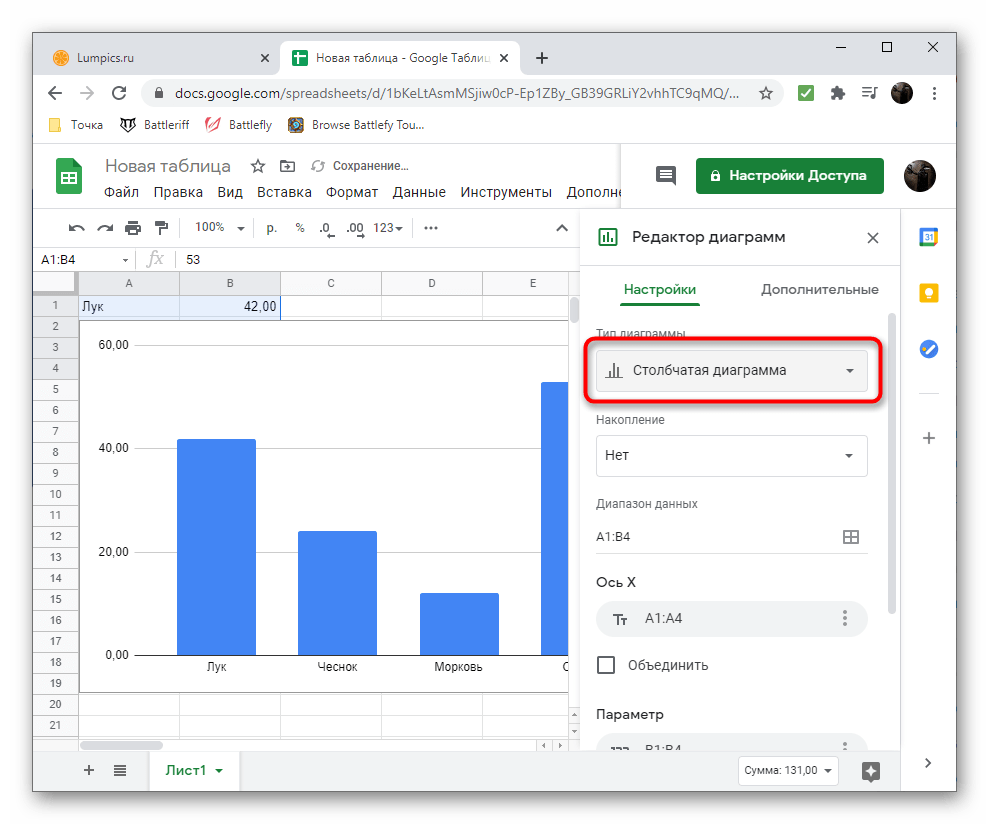 Переход к выбору типа объекта для создания круговой диаграммы в Google Таблицы