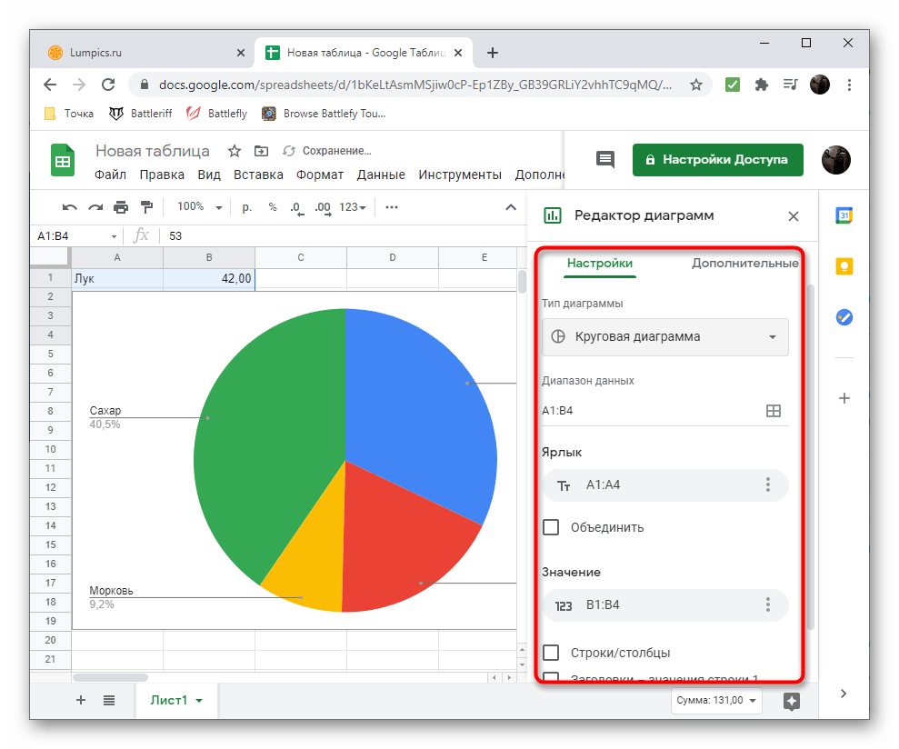 Дополнительные настройки для создания круговой диаграммы в Google Таблицы