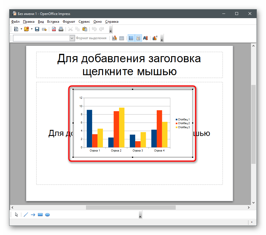 Успешное добавление элемента для построения диаграммы по числовым данным в программе OpenOffice Impress