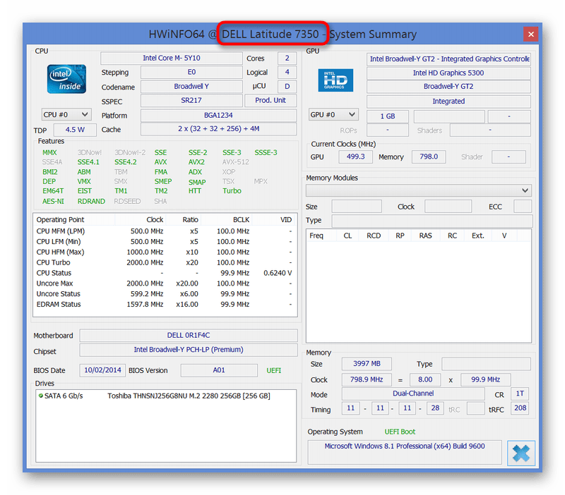 Просмотр названия модели ноутбука Dell через стороннюю программу HWiNFO