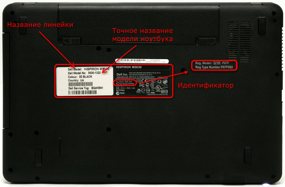 Просмотр названия модели ноутбука Dell при помощи наклейки на задней стороне корпуса устройства