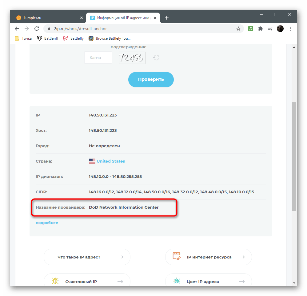 Удачная попытка определения провайдера по IP-адресу через онлайн-сервис 2IP.ru