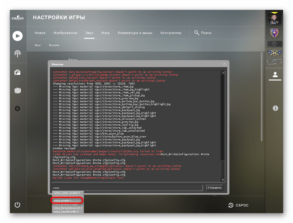 Ввод команды в консоль для решения проблем с работой микрофона в Counter-Strike Global Offensive