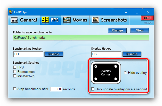 Настроить отображение оверлея в FRAPS для включения счётчика FPS в играх