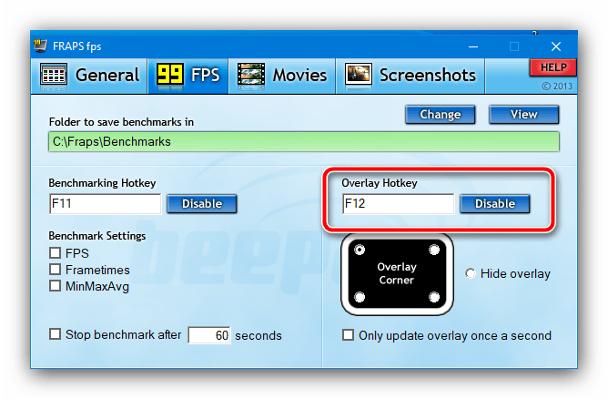 Быстроек включение отображения оверлея в FRAPS для включения счётчика FPS в играх
