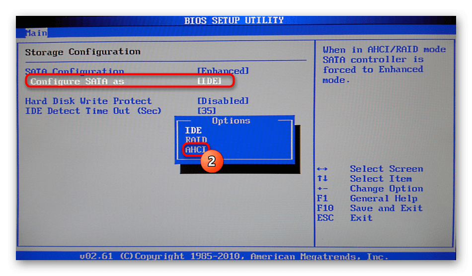 Включение режима AHCI опции Configure SATA As в BIOS