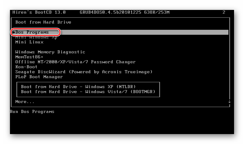 Переход в раздел DOS-программами в Hiren's BootCD